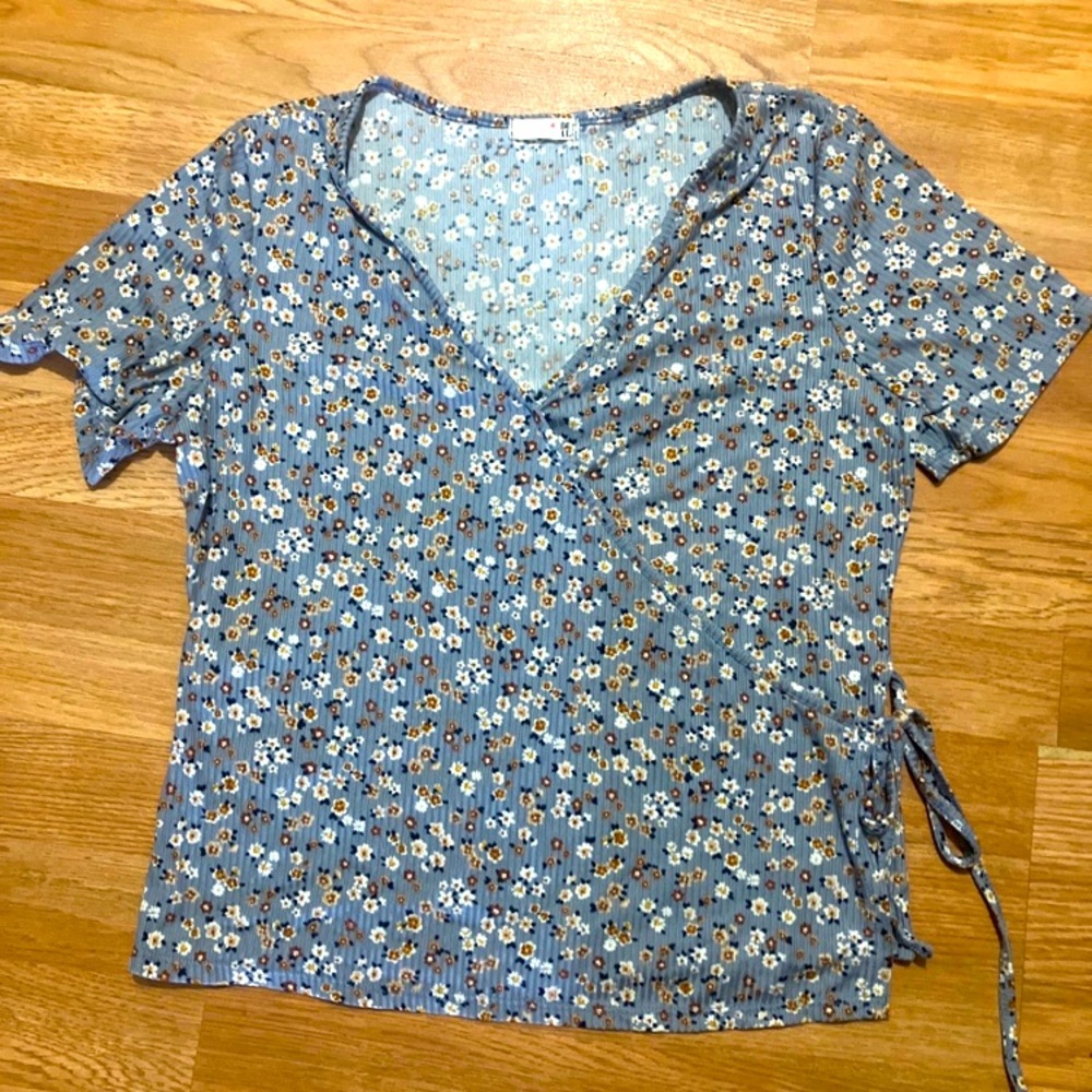 Floral Blue Wrap Top